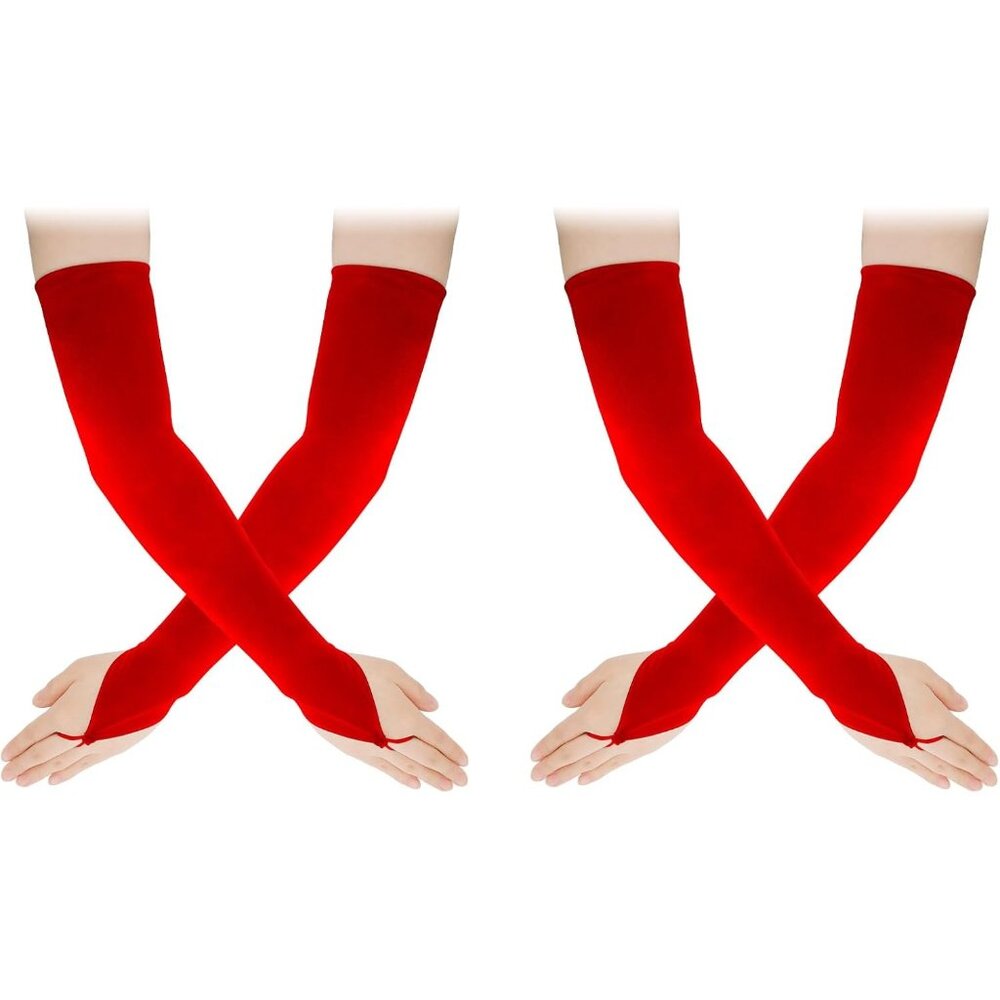 Women's Unique Red-2 Satin Long Fingerless Elbow Length Gloves Party Costume